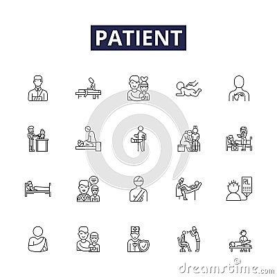 Patient line vector icons and signs. Sick, Ill, Convalescent, Ailing, Infirm, Bedridden, Sufferer, Clinician outline Vector Illustration