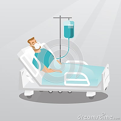 Patient lying in hospital bed with oxygen mask. Vector Illustration