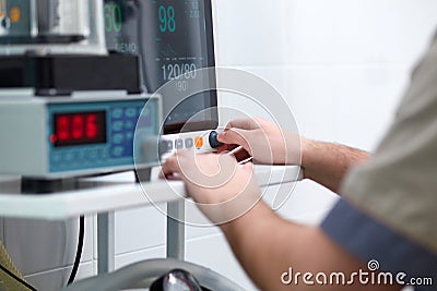 Patient monitor, measuring the patient& x27;s vital signs. Help of electronic medical device during surgery treatment Stock Photo