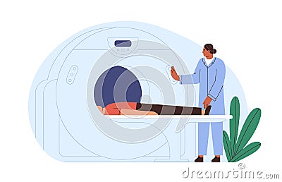 Patient at MRI, scanner machine. Doctor scanning body with magnetic resonance equipment in hospital. Tomography Vector Illustration