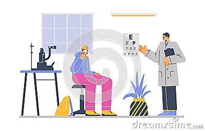 Patient in ophthalmologist office undergoing eye exam, flat vector illustration isolated on white background. Vector Illustration