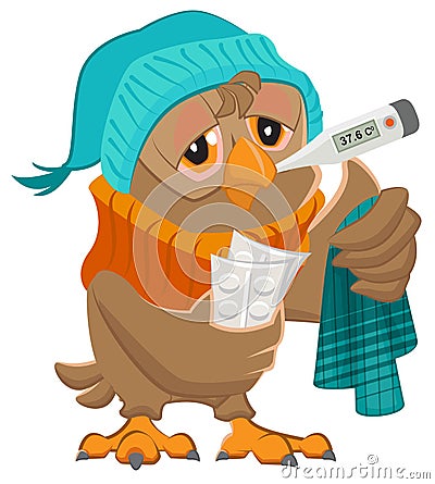 Patient owl holding thermometer and pills Vector Illustration