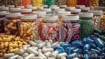 Patient and pills or meds in blisters and jars. Concept of medication, medicament, medicine, pharmaceutical drug Cartoon Illustration