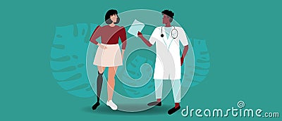 Patient with prosthetic leg and consultation with doctor, flat vector stock illustration with treatment by disabled person Cartoon Illustration