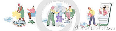 Patient at psychoanalysis and CBT therapy with psychotherapist. Mental game puzzle Vector Illustration