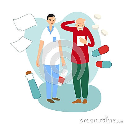 Patient reads a medical report or medication list. Doctor consultation. Practicing doctor offers treatment plan to sick elderly Vector Illustration
