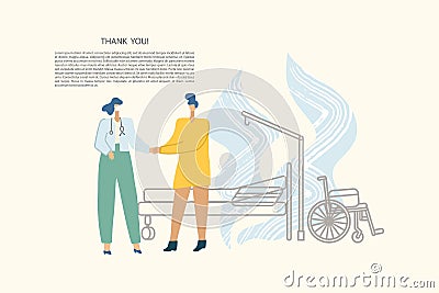 The patient thanks the doctor. Stylized people and the outlines of the ward in the hospital on background Vector Illustration