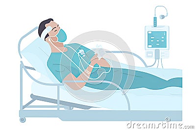 Patient on ventilator life-support wearing oxygen mask lying on hospital bed. Intensive care unit COVID disease Stock Photo