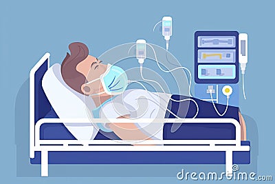 Patient on ventilator life-support wearing oxygen mask lying on hospital bed. Intensive care unit COVID disease Stock Photo