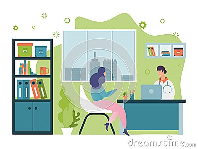 Patient visit doctor vector illustration, cartoon happy woman character visiting man physician in hospital cabinet Vector Illustration