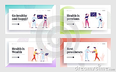 Patient Visiting Clinic or Hospital for Treatment and Medical Support Website Landing Page Set. People Visiting Hospital Vector Illustration