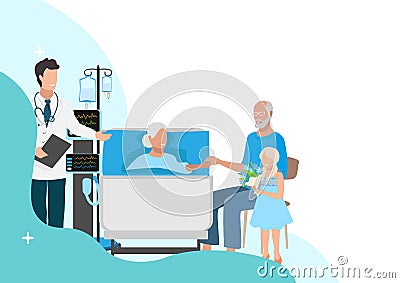 Family visits a happy elderly patient in the hospital and talks to the doctor Vector Illustration