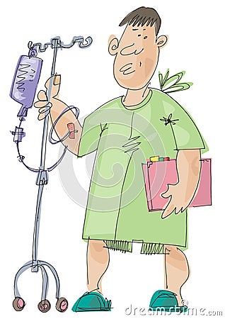 A patient walks with infusion dropper. Vector Illustration
