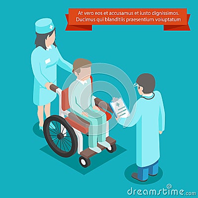 Patient on wheelchair with doctor staff. 3D Vector Illustration