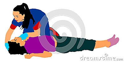 Patient woman in unconscious. Rescue drowning first aid . Cartoon Illustration