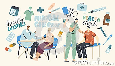 Patients Characters at Medical Checkup. Woman Sitting with Doctor Listening Heart Beating, Consultation Vector Illustration