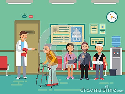 Patients and disabled peoples waiting doctor in clinical room. Vector medical illustration Vector Illustration