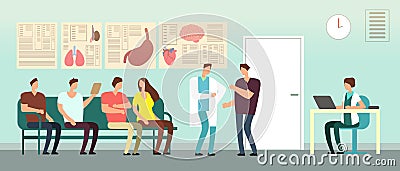 Patients and doctor in hospital waiting room. Disabled people at doctors office. Healthcare vector concept Vector Illustration