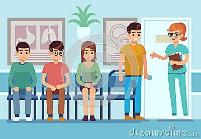 Patients in doctors waiting room. People wait hall clinic corridor hospital ambulance professional service, flat vector Vector Illustration