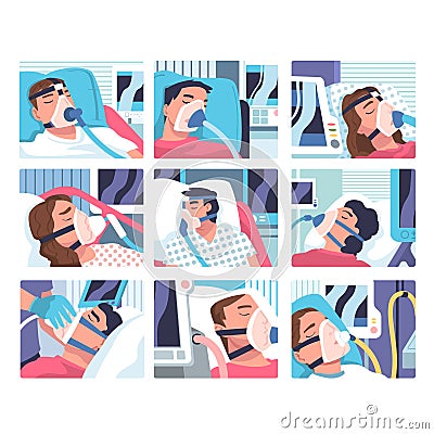 Patients in Hospital Having Artificial Lung Ventilation Being in Critical Condition Lying on Bed with Mask Vector Set Vector Illustration