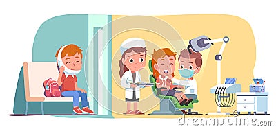 Patients kids visiting dentist in dental clinic Vector Illustration