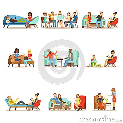 Patients at a reception at the psychotherapies. People talking to psychologist. Psychotherapy counseling, colorful Vector Illustration