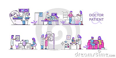 Patients visit doctors for medicine, medical examination collection with people for health diagnostic isolated vector Vector Illustration