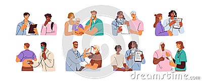 Patients visiting doctor set. Therapist consulting, health exam in hospital, clinic. Talk with practitioner, medical Vector Illustration