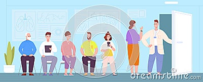 Patients wait doctor. Queue patient sit in hospital waiting room, people in seats medical clinic, appointment medic Vector Illustration