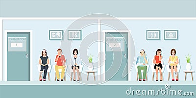 Patients waiting for doctor at front of exam room. Vector Illustration