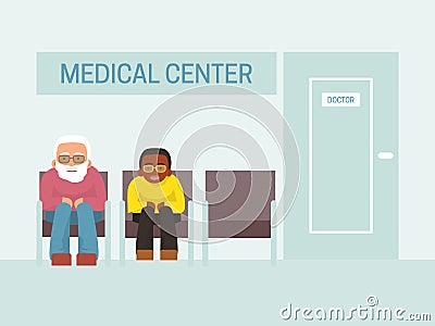 Patients waiting doctor in medical center vector illustration. People queue wait in medicine clinic. Patient waits Vector Illustration