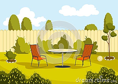 Patio area with cartoon table and chairs. Sunny courtyard area with green grass. Outdoor cartoon backyard background Vector Illustration