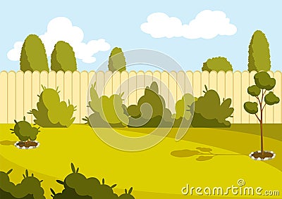 Patio area. Sunny back yard with green lawn, fence and trees. Home suburb patio or courtyard area with grass. Outdoor Vector Illustration