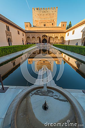 Patio of Arrayanes in Nasrid Palaces, Alhambra, Granada Editorial Stock Photo