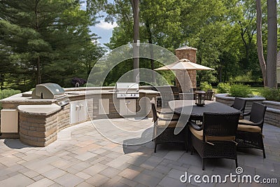 patio with built-in grill and seating for outdoor dining Stock Photo
