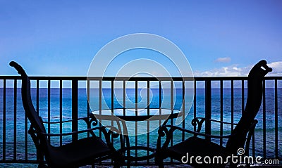 Patio furniture Hawaii Pacific Ocean tropical view Stock Photo