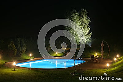 Patio and Pool by Night-3 Stock Photo