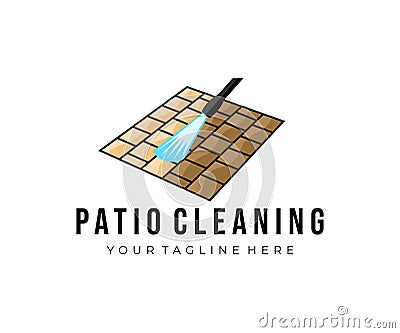 Patio pressure cleaning, pressure water cleaner, water jet and block floor, logo design. Power washer, outdoor floor worker cleani Vector Illustration