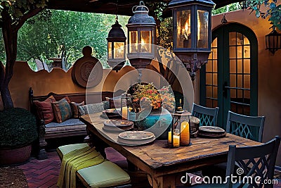 patio with sitting area, dining table and hanging lanterns Stock Photo