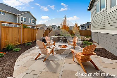 patio with sitting area and fire pit for cozy evenings Stock Photo