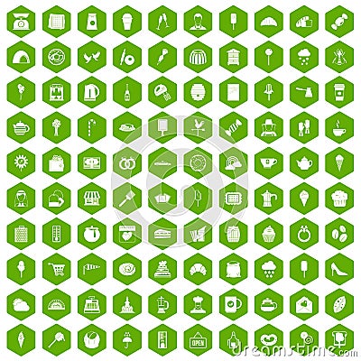 100 patisserie icons hexagon green Vector Illustration