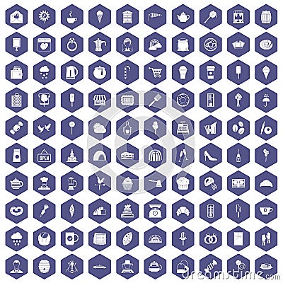 100 patisserie icons hexagon purple Vector Illustration