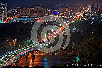 Metro bridge at night in Kiev, Ukraine Stock Photo