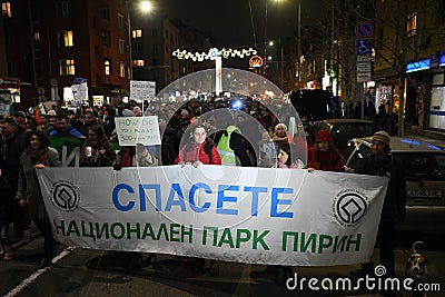 Thousands of Bulgarians protest against plans of goverment to expand the skiing resort of Bansko in Pirin National Park Editorial Stock Photo