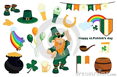 Patrick day mega set in flat design. Bundle elements of green clover, boots, hat, rainbow, gold coins cauldron, leprechaun, beer Vector Illustration