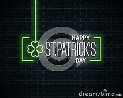 Patrick day neon banner. Neon sign of Patricks day Vector Illustration