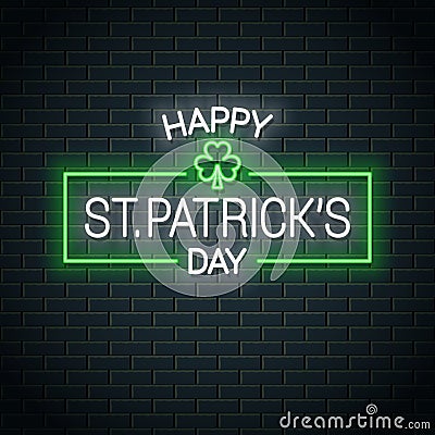 Patrick day neon banner. Patrick clover neon sign Vector Illustration