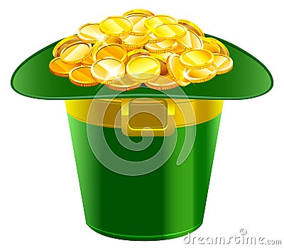 Patrick hat full of gold coins. Patrick green hat with gold buckle Vector Illustration