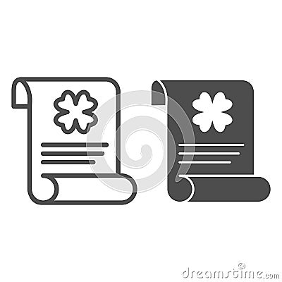 Patrick holiday announcement line and solid icon. Paper sheet with clover outline style pictogram on white background Vector Illustration