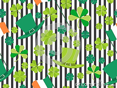 Patrick`s Day, seamless pattern with green clover leaves, Irish flag and leprechaun hat on a striped background Vector Illustration
